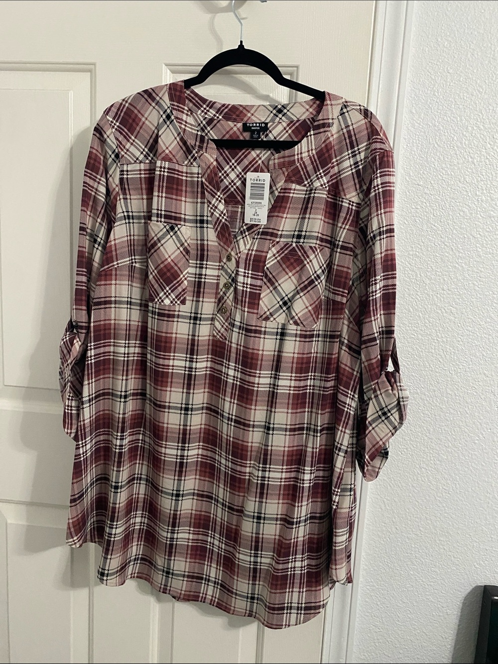 torrid Burgundy and Cream Plaid Henley Tunic